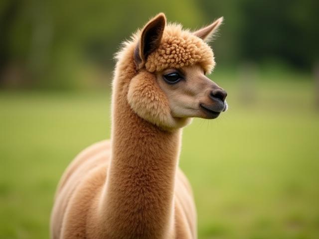 A majestic alpaca named Willow with soft, light brown fleece, looking serenely