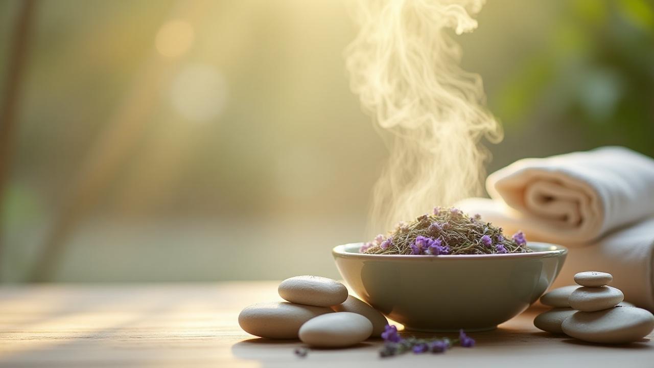 A serene spa setting with soft lighting, a bowl of aromatic herbs, and smooth river stones, ready for a calming relaxation program.